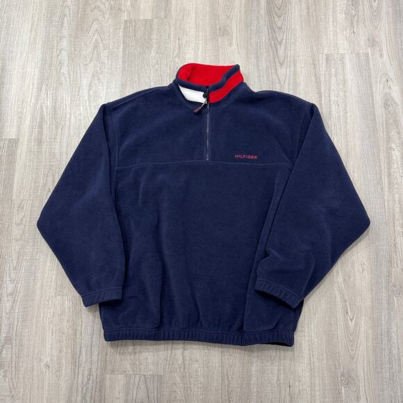 Vintage Tommy Hilfiger 1/4 Zip Fleece Men's Large Blue 90s Rap Hip Hop Preppy - Picture 1 of 6